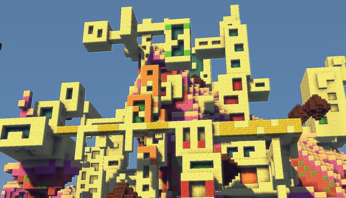 みりんどうふ マイクラ建築60分一本勝負 お題 魔法都市 魔法文明 見るからにサイケデリックなこの都市は土壌から魔法で染める本格派