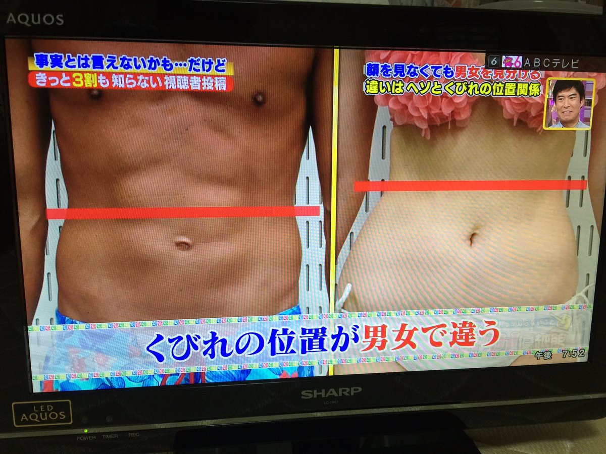 だい バンコク在住 No Twitter 今日テレビで男女の見分け方ってのをやってました 男性はくびれとへそが同じくらいの高さで 女性はくびれより へそが下に来るそうです 個人差はあれど骨盤の違いからそうなるとの事 タイに出張者が来たら教えてあげると良いかも知れ