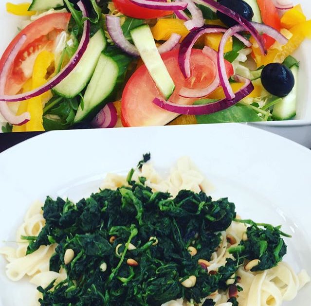 PlantKitchen's tweet photo. There is always a #plantbased option, just ask. #greeksalad and #spinach and #pinenut #tagliatelle. #dinner by #sea https://t.co/pRVNkHlX0b