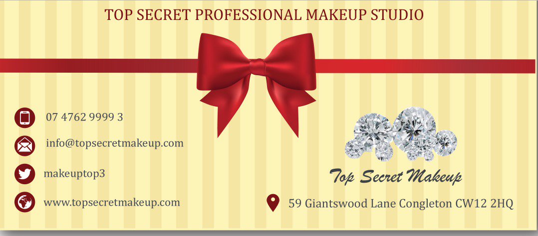 Gift vouchers now available at Top Secret Makeup Studio in Congleton. The perfect present for any occasion!