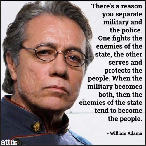 @DoomsdaysCW (@doomsdayscw) on Twitter photo MT <a href="/RasmusBrygger/">Rasmus Brygger</a> Adama / Battlestar Galactica: "There's a reason you separate military and the police..." MT <a href="/RasmusBrygger/">Rasmus Brygger</a> Adama / Battlestar Galactica: "There's a reason you separate military and the police..."