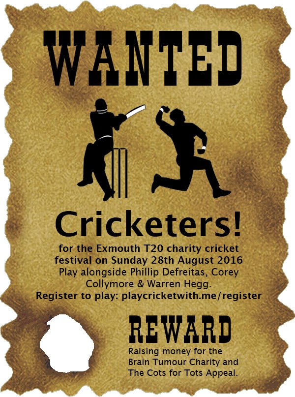 @Wjdurston3 Looking for players for charity T20 day <a href="/ExmouthCricket/">Exmouth Cricket Club</a> on Sunday. <a href="/CotsForTots/">Cots for Tots</a> <a href="/BrainTumourOrg/">The Brain Tumour Charity</a> Pls RT