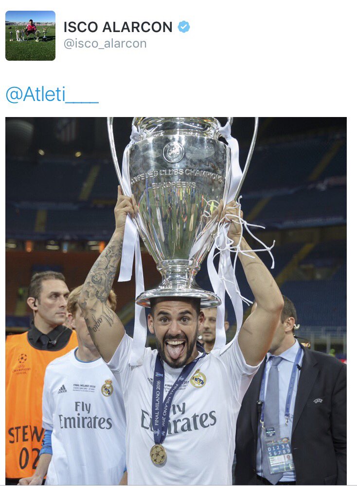 RMCFStats's tweet photo. [@RMadridInfo] Isco ngebalas tweet fans Atletico yg ngeledekin dia krn typo waktu ucapkan selamat ke Portugal. https://t.co/uK8x8WIhWx