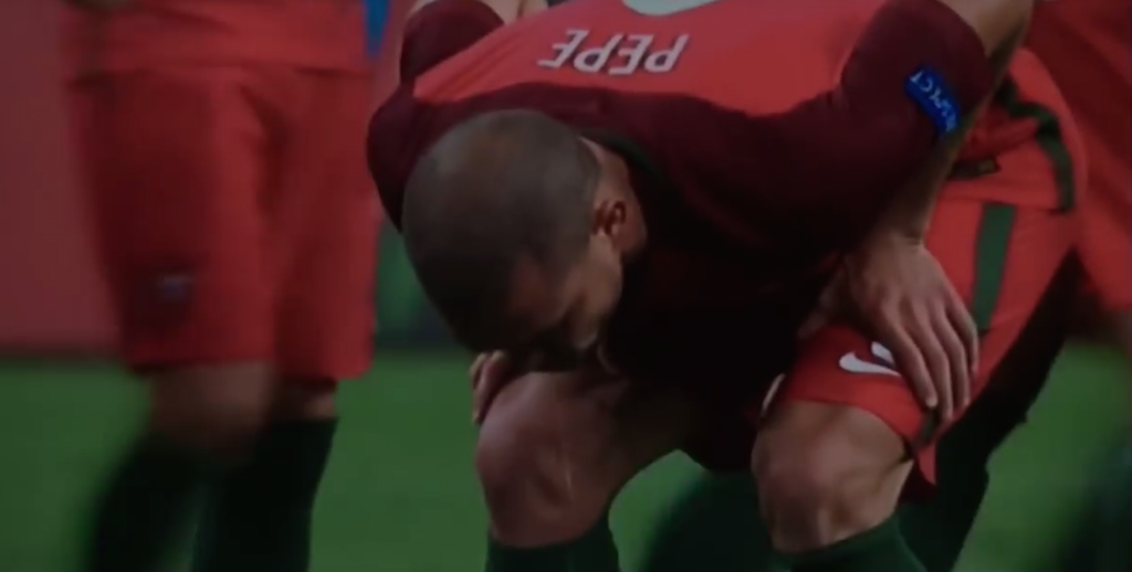 theScore's tweet photo. VIDEO: Pepe vomits on the pitch as #POR celebrates. 

What a game. What a tournament! https://t.co/ipevryuwZ9 https://t.co/9oW5aJohr0