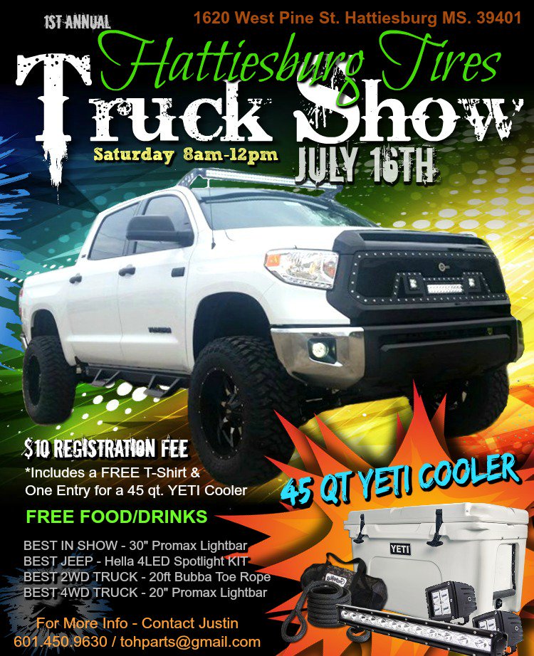 HBurg_Tires's tweet photo. #Hattiesburg #Tires is hosting their 1st Annual #Truck #Show! Pre-Register https://t.co/i95e1uDdyO @hattiesburgcars https://t.co/bZzOjbCudK
