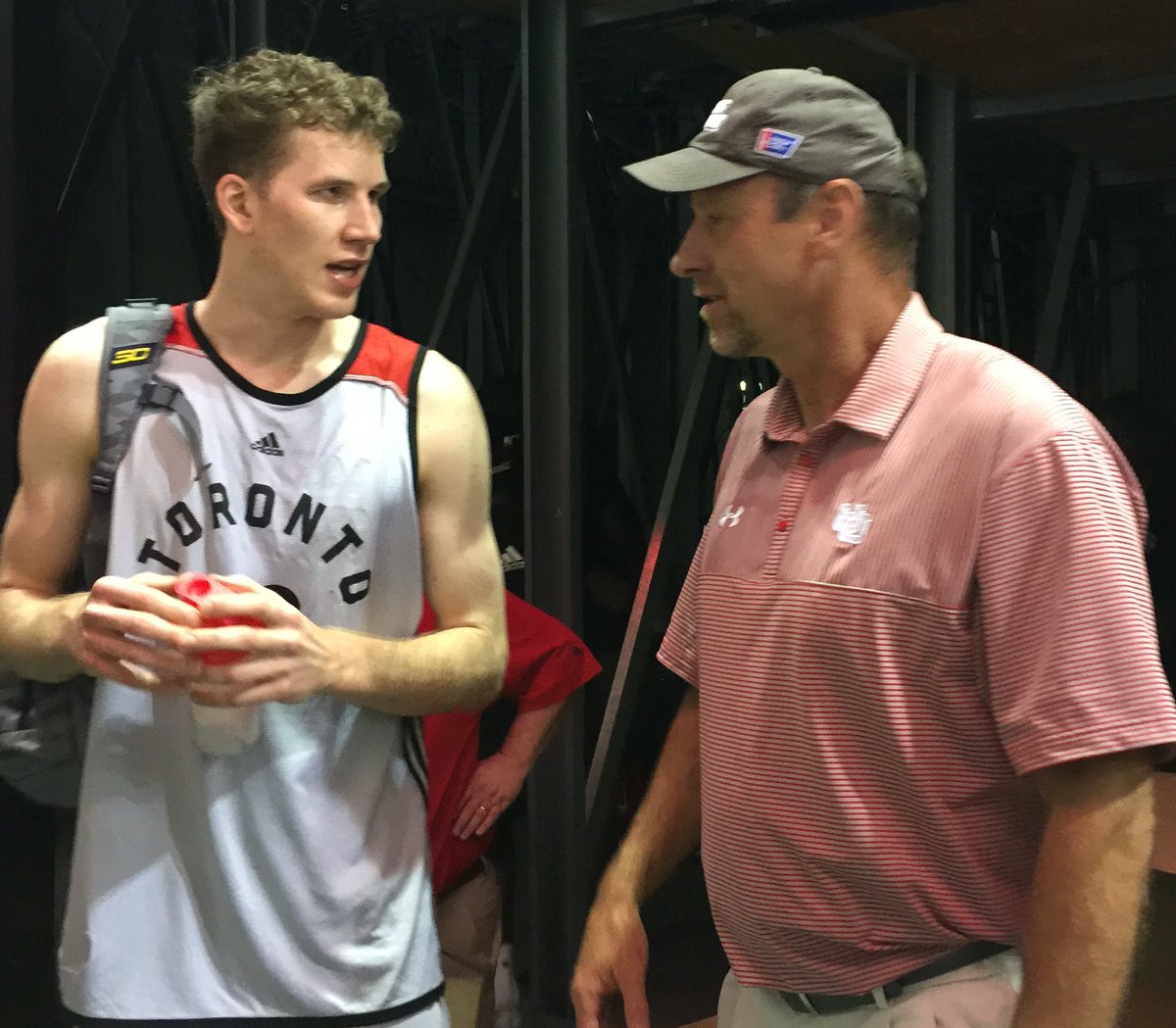 DJJazzyJody's tweet photo. Utah coach Larry Krystkowiak surprised former Utes Delon Wright and Jakob Poeltl after Toronto's summer league game. https://t.co/t6sZsKeaXN