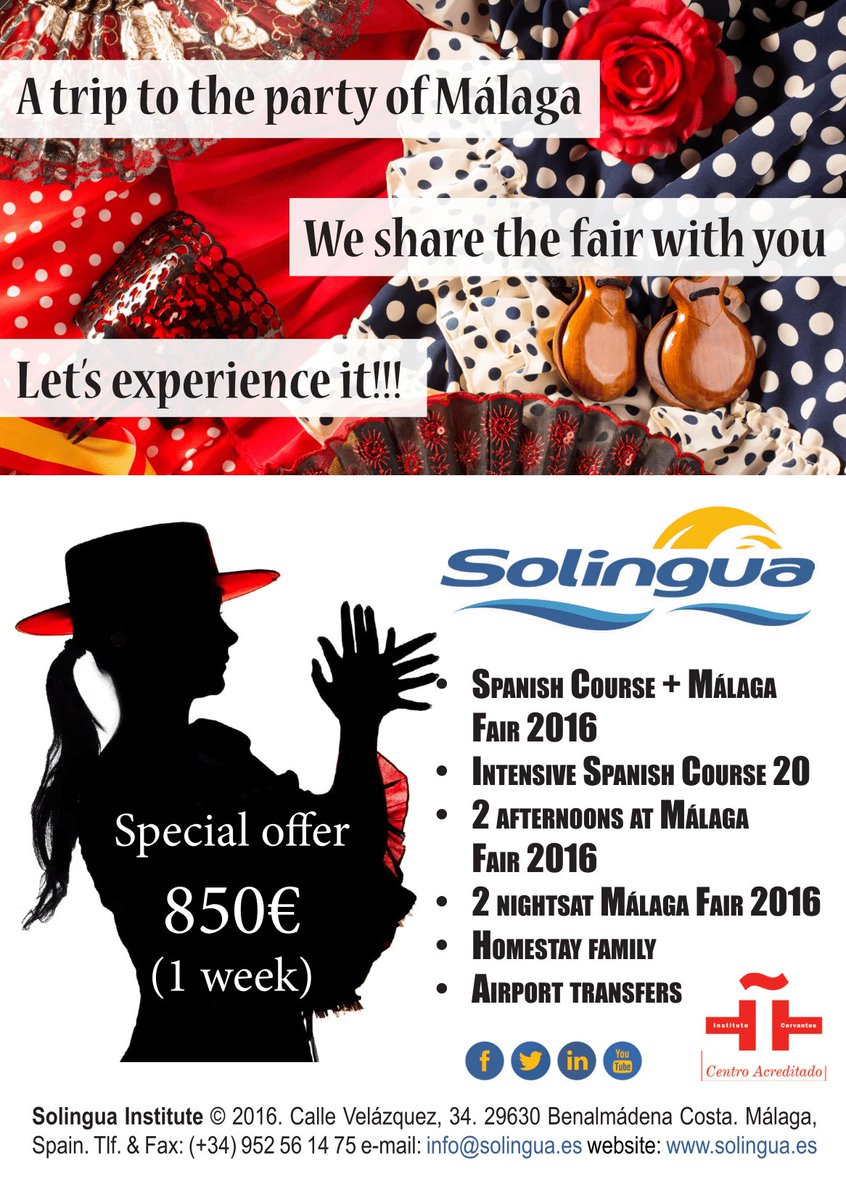 SolinguaIns's tweet photo. Come to Málaga to experience the fair. We are waiting for you! #FeriaDeMalaga #TravelToStudy https://t.co/qermC7SaEU