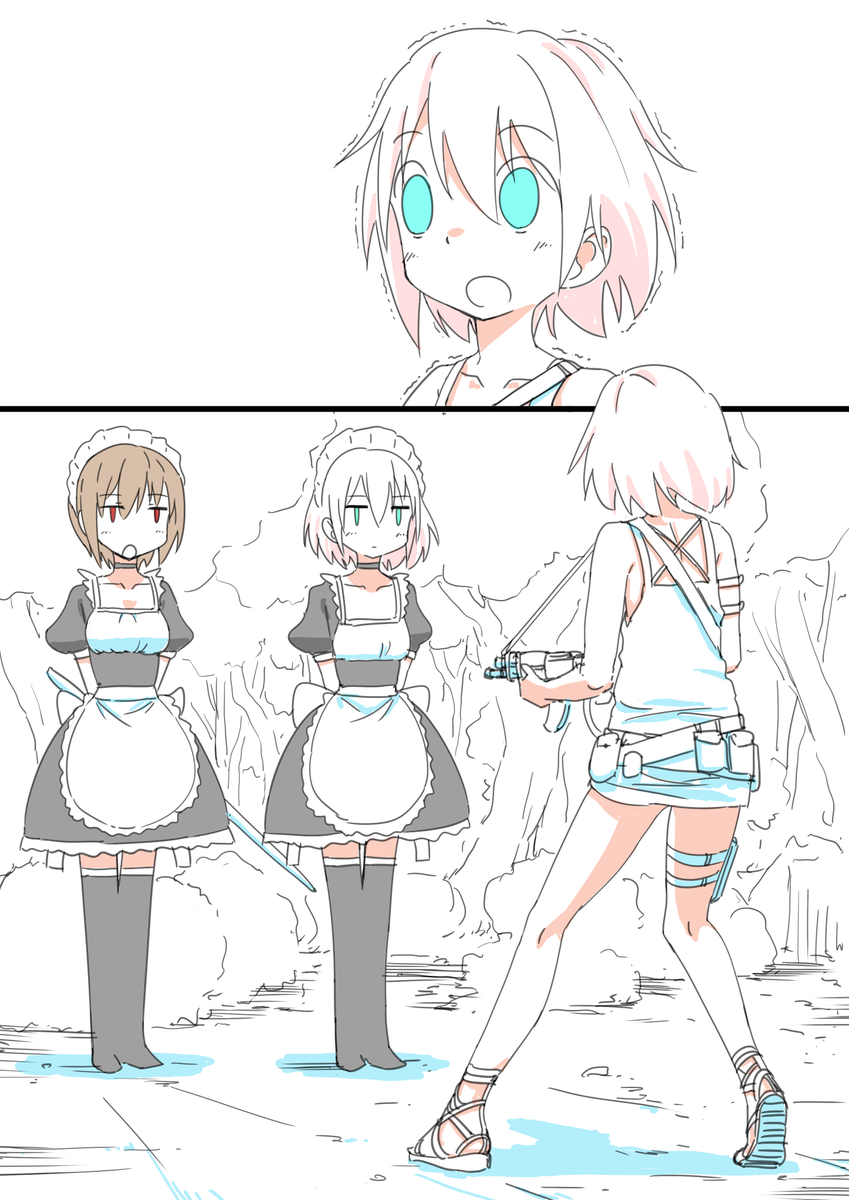 ②
ある日、魔王の使者と名乗るメイド=セラが現れる。魔王の計画遂行のため身柄を拘束するというセラの言葉は、しかし全くリーンの耳に入っていなかった。彼女の視線はセラの横に従うもう1人のメイドに釘付けになっていた。