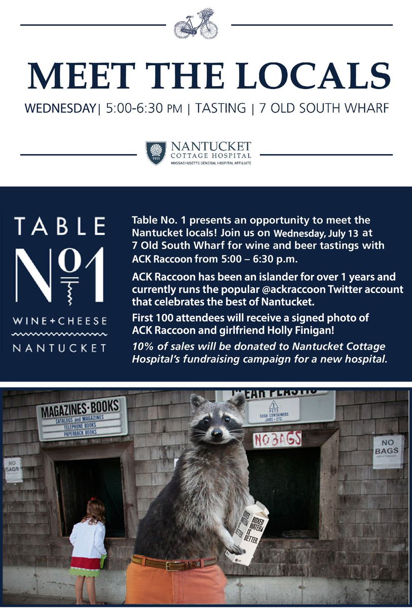 going 2 b a graat night  RT "<a href="/ACKHospital/">Nantucket Hospital</a> "Meet the Locals" tasting with <a href="/ACKraccoon/">Nantucket Raccoon</a> at <a href="/Table1Nantucket/">Table No.1</a> Wednesday!"