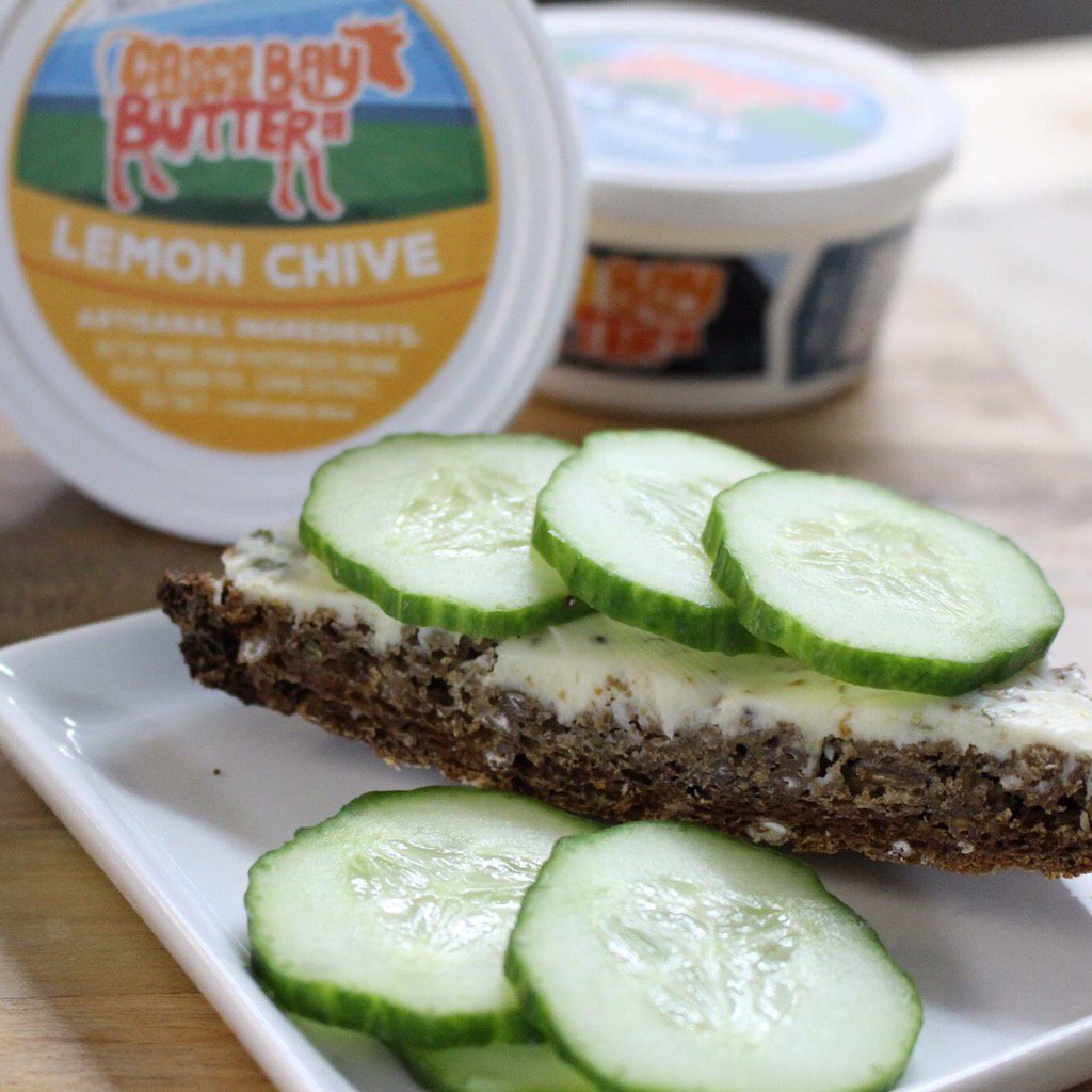 CascoBayButter's tweet photo. It doesn't get any easier: bread, lemon chive butter and cucumbers. https://t.co/2A6SjqEX6V