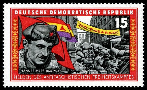RDA_DDR's tweet photo. Sello homenaje a Hans Beimler, brigadista internacional en la Guerra Civil Española al mando del Batallón Thälmann https://t.co/B3dPB0NgXk