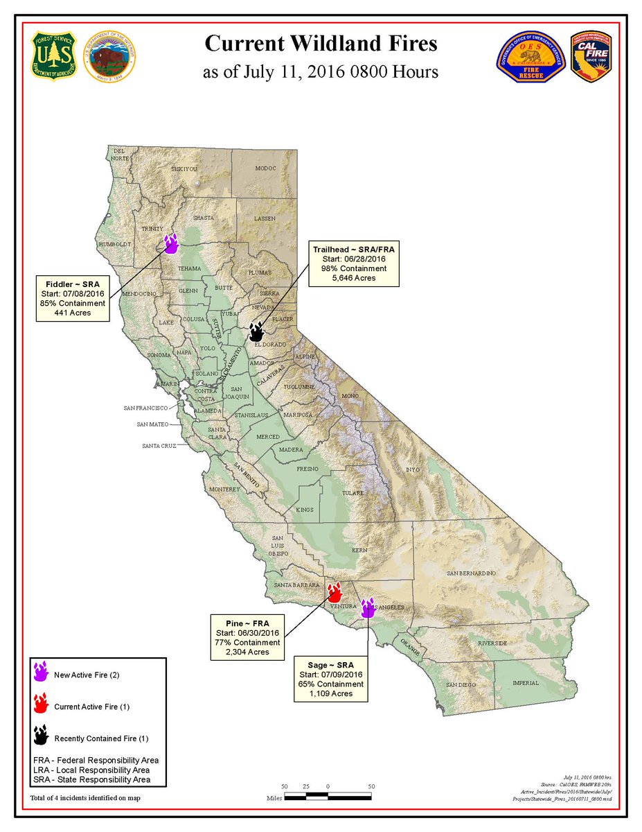 Cal_OES's tweet photo. Here is the #wildfire map for July 11. #SageFire in LA Co is 65% contained. #TrailheadFire #FiddlerFire #PineFire https://t.co/wZvTbMA3Dl