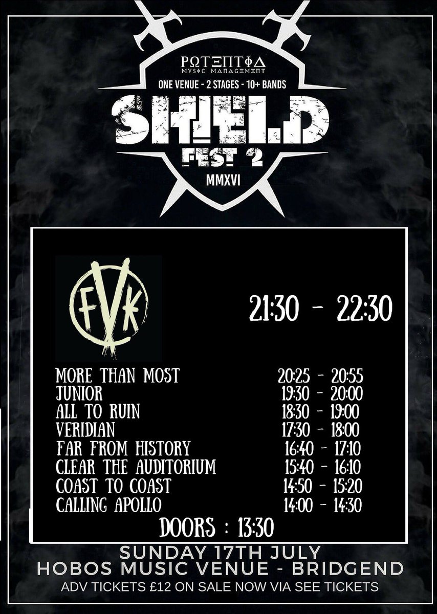 New times for shield fest. Including a new addition to the lineup in <a href="/FarFromHistory/">Far From History</a> just under 20 tickets remain.