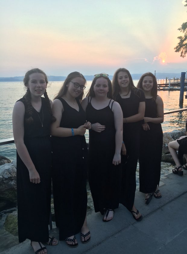A few of the girls from Penclawdd Junior band waiting to play with <a href="/WestGlamMusic/">West Glamorgan Music</a> in Lake Garda yesterday #Italy2016