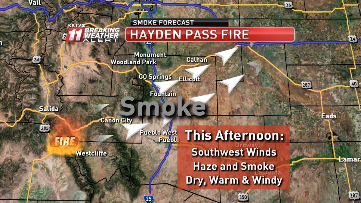 EmilyRoehler's tweet photo. Expect to see more smoke and haze today from the #HaydenPassFire... SW winds will drive smoke today. #cowx #kktv https://t.co/ulDpaoB36r
