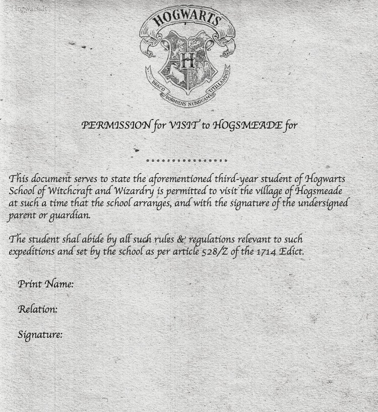 Harry Potter Reproduction/Copy Hogsmeade Permission form 