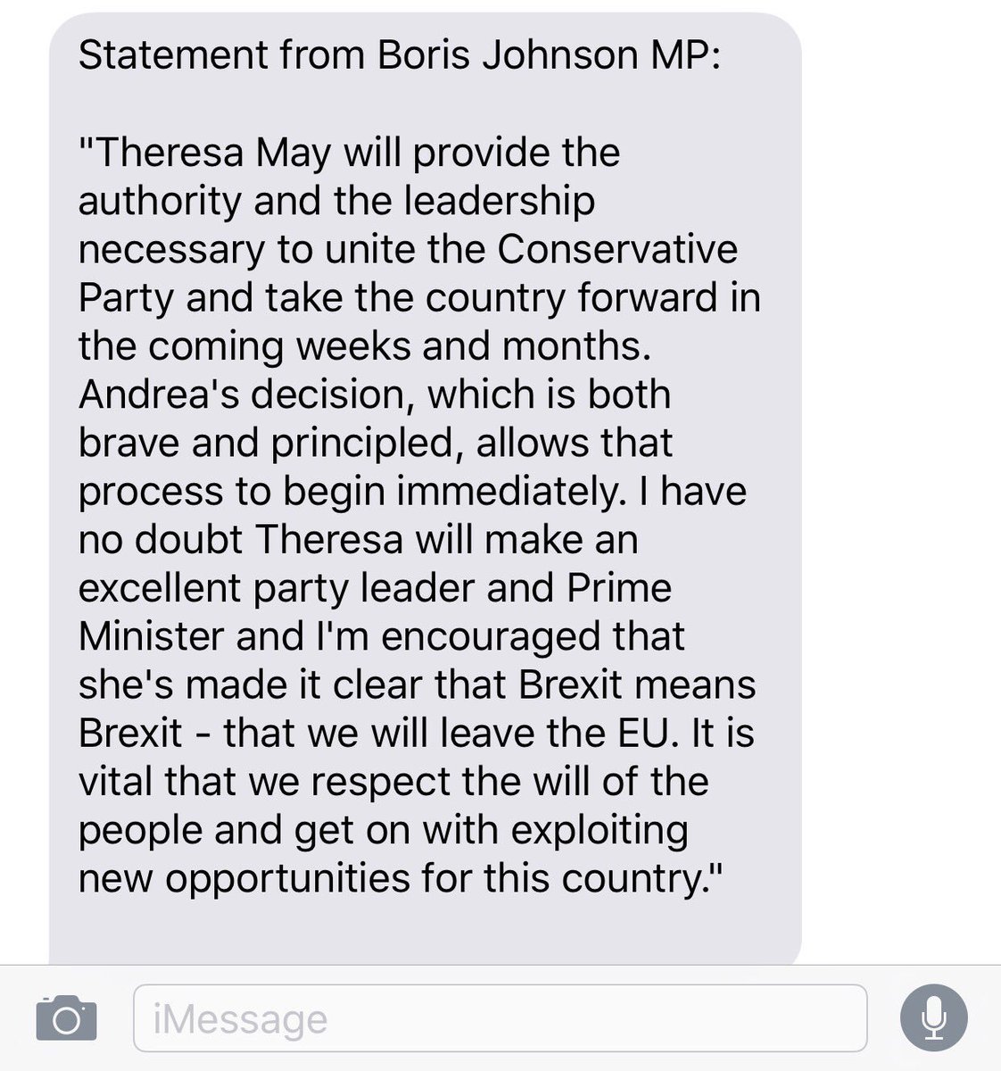 Peston's tweet photo. Big @andrealeadsom beast @BorisJohnson welcomes new PM and is delighted she has made clear "Brexit means Brexit" https://t.co/oASzQnDlcb