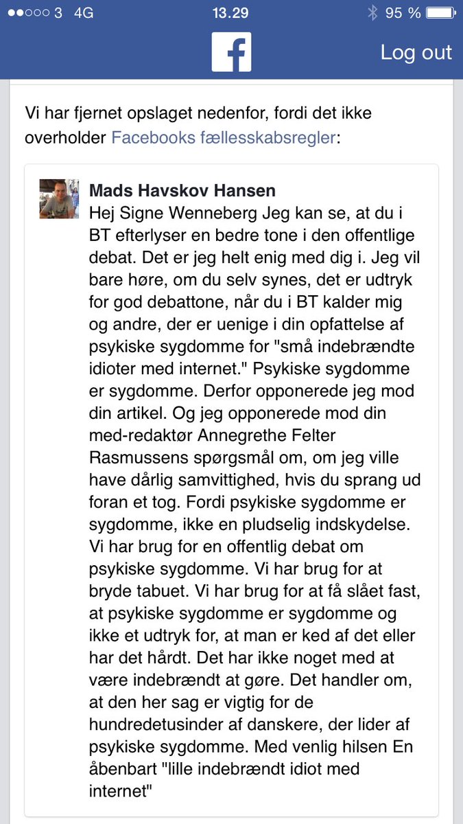 MHavskovHansen's tweet image. Er blevet midl. udelukket fra FB pga dette opslag. Kan træffes her og på 41292183. #censur