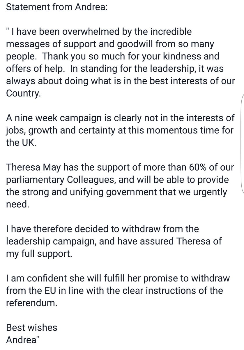 leadsom4leader's tweet photo. Statement from @andrealeadsom https://t.co/Tm4QA4h2yH