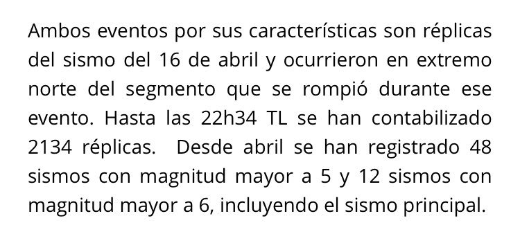 Hasta las 22:34 de ayer se registraron 2134 réplicas. Desde abril 12 sismos magnitud mayor a 6 y 48 mayor a 5