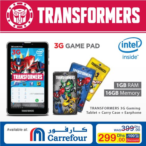 TRANSFORMERS 3G Gaming Tablet. Available @ All Carrefour Stores in UAE. For more info, Visit goo.gl/8GJ6TF