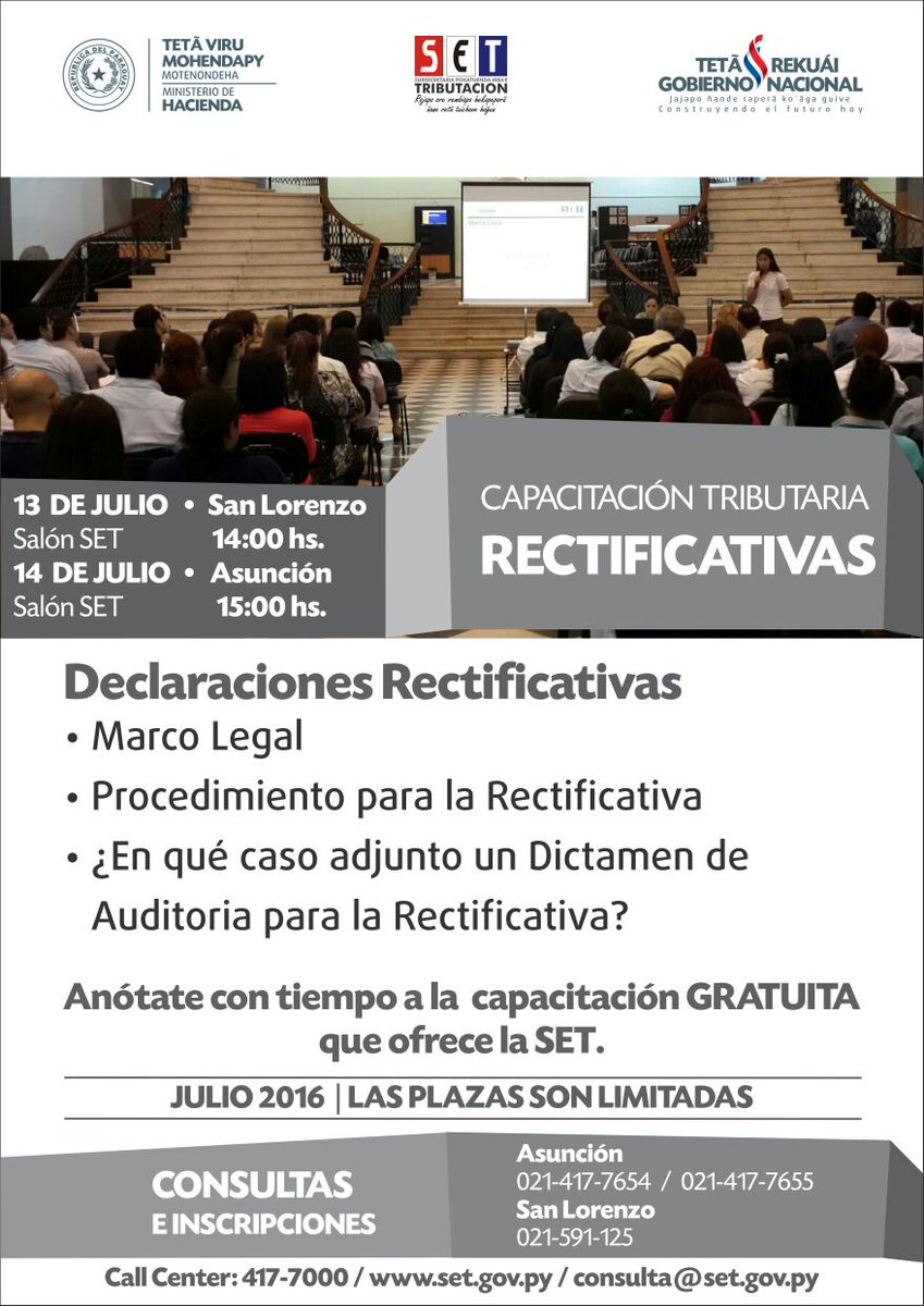 DNITpy's tweet photo. Capacitación tributaria sobre #Rectificativas el 13 y 14 de julio en oficinas impositivas de San Lorenzo y Asunción https://t.co/qwkhT6uw96