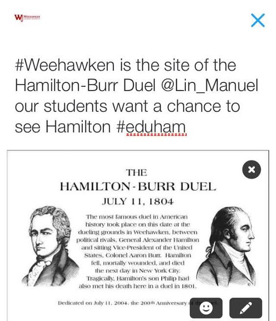 MsMonty207's tweet photo. Let's remember together @HamiltonMusical @Gilder_Lehrman @WeehawkenTSD #eduham #WeeRHamilton https://t.co/3NoFgrLcnF