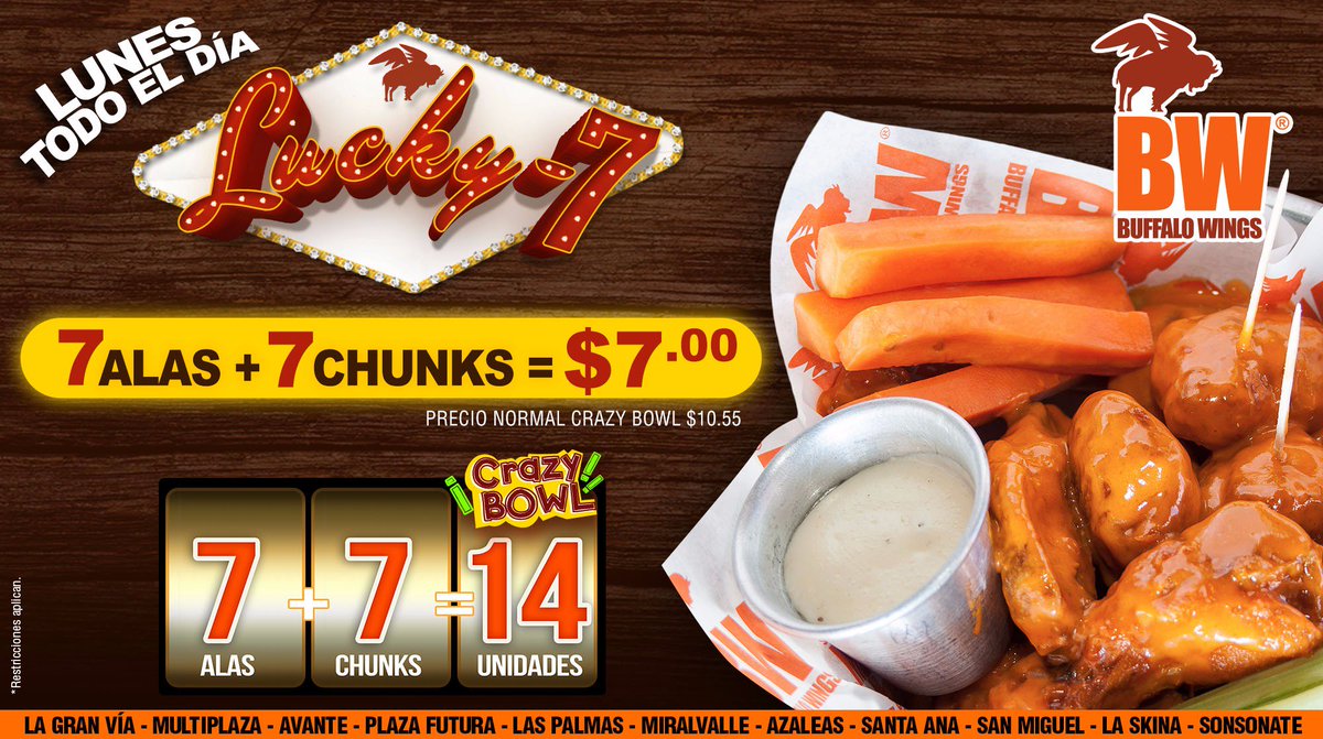 BWelsalvador's tweet photo. ยกLunes de Lucky 7! Aprovecha la promociรณn de 7 alas + 7 chunks= $7! (No aplica para llevar) #gotluck #Lucky7 https://t.co/T7TxNlKcki