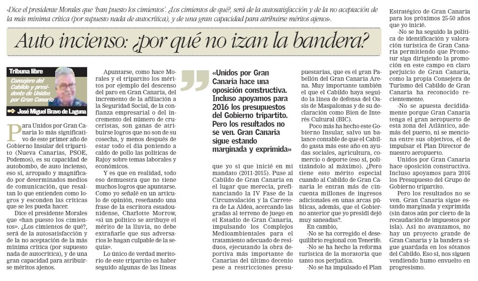 JMBravodeLaguna's tweet photo. "Auto incienso" (artículo de opinión publicado en @canarias7 (09/07/2016). 1º año de @amoralesmendez. @UNIDOSporGC https://t.co/xlVGjcY5T6