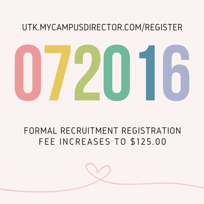 UTKPanhellenic's tweet photo. Make sure to sign up for Recruitment before the price goes up! Register at https://t.co/n8rOx5pOOL #utk20 https://t.co/8uxhiGge6o