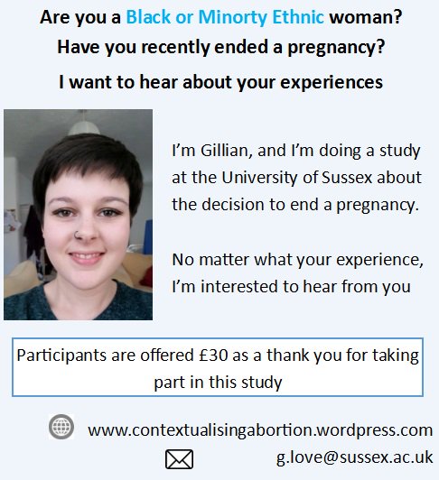 gillienoncarne's tweet photo. Are you a #BME woman who has ever ended a pregnancy? You can take part in this research project into your experience https://t.co/t9EMe1aPXr