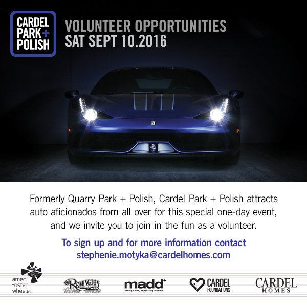 CardelHomesYYC's tweet photo. Cardel Park + Polish invites you to join in the fun as a volunteer! #CPP2016 #Volunteeryyc #carshow #yyccarshow https://t.co/gWyXdDUdfs