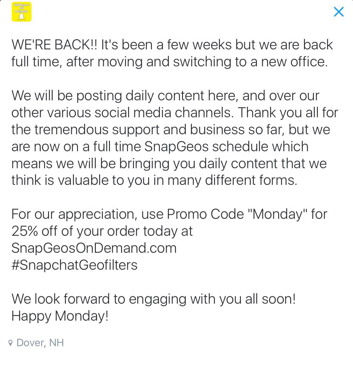 SnapGeoOnDemand's tweet photo. WE'RE BACK! Thank you all for the support so far, but we are now back full time! 
Happy Monday! #SnapchatGeofilters https://t.co/2D0weq7Deb