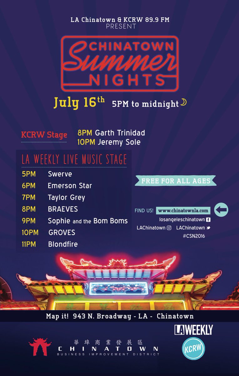 WeAreGROVES's tweet photo. LOS ANGELES! We'll see you at @LAChinatown 7/16. We play @ 10PM and it's FREE! https://t.co/RuWlOdRq2C #CSN2016 https://t.co/ogdta2FGfA