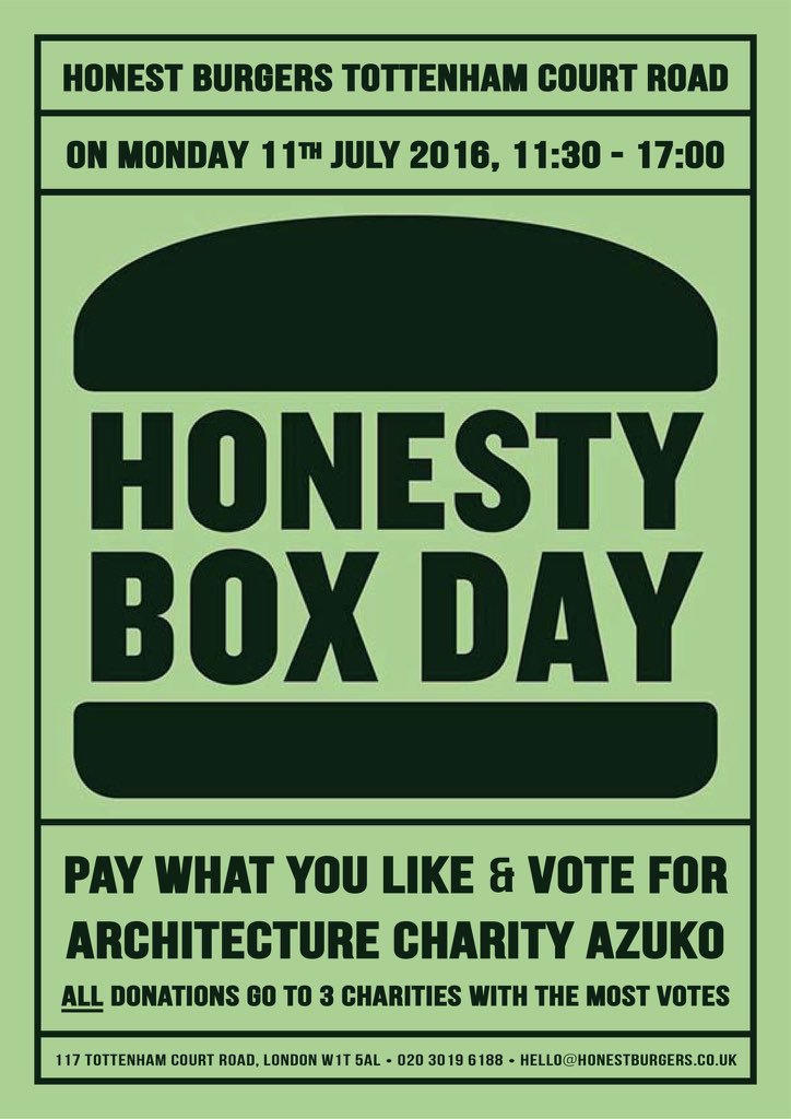 azuko_org's tweet photo. Last half hour of #HonestyBoxDay. Grab a burger at Tottenham Court Road @honestburgers & vote for AzuKo! #Charity https://t.co/GoqEY3eFFH