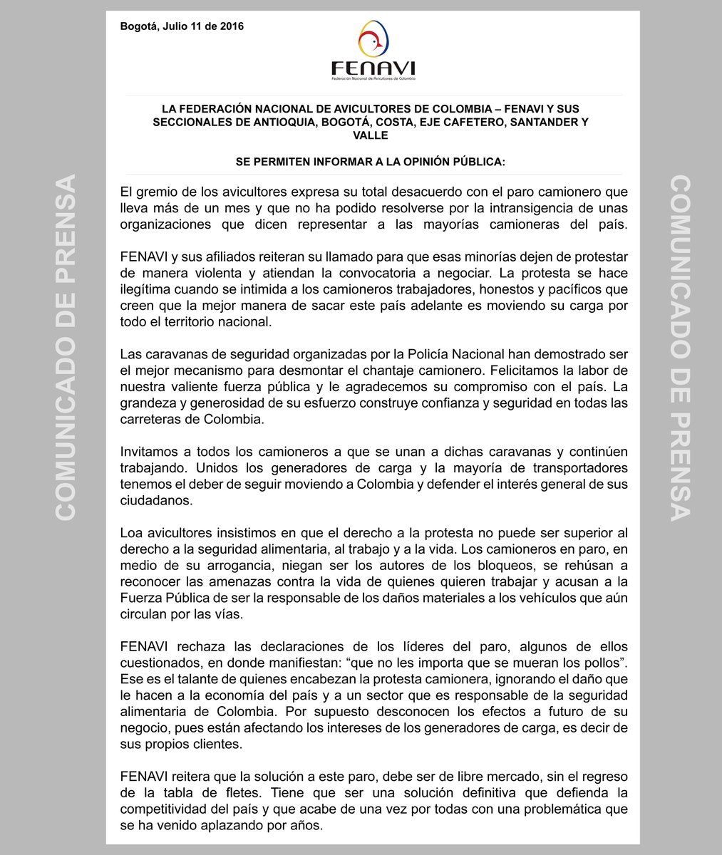 [Comunicado de prensa] <a href="/FenaviColombia/">Fenavi</a> respecto a la situación del paro camionero que ya cumple 5 semanas.