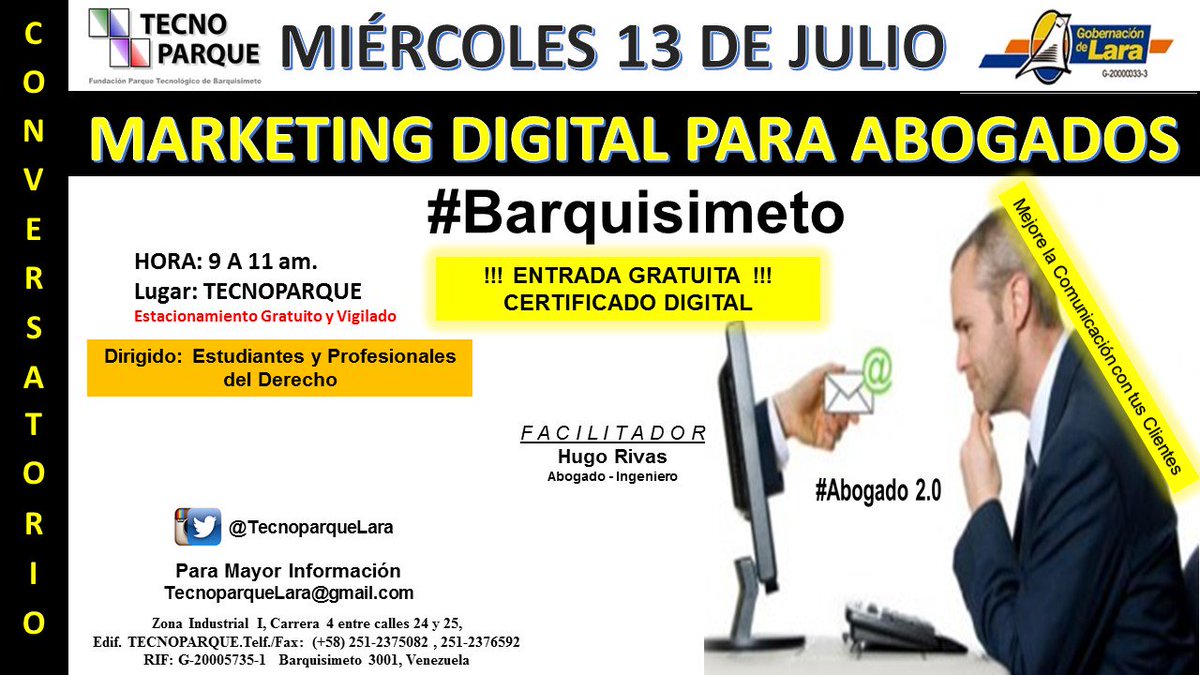 Esta Semana hablaremos de Marketing Digital Para Abogados ENTRADA LIBRE - Estacionamiento Gratuito y Vigilado / 9 am