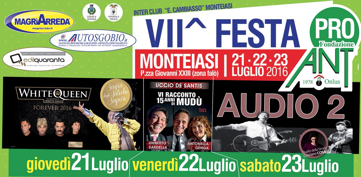 MassimoCarlonex's tweet photo. MONTEIASI, 21-22-23 LUGLIO 2016
VII^ FESTA PRO-ANT 2016
@officialaudio2 @ucciomudu @EnzoAudio2 @CristianoCosa https://t.co/Dp5BMXmZII