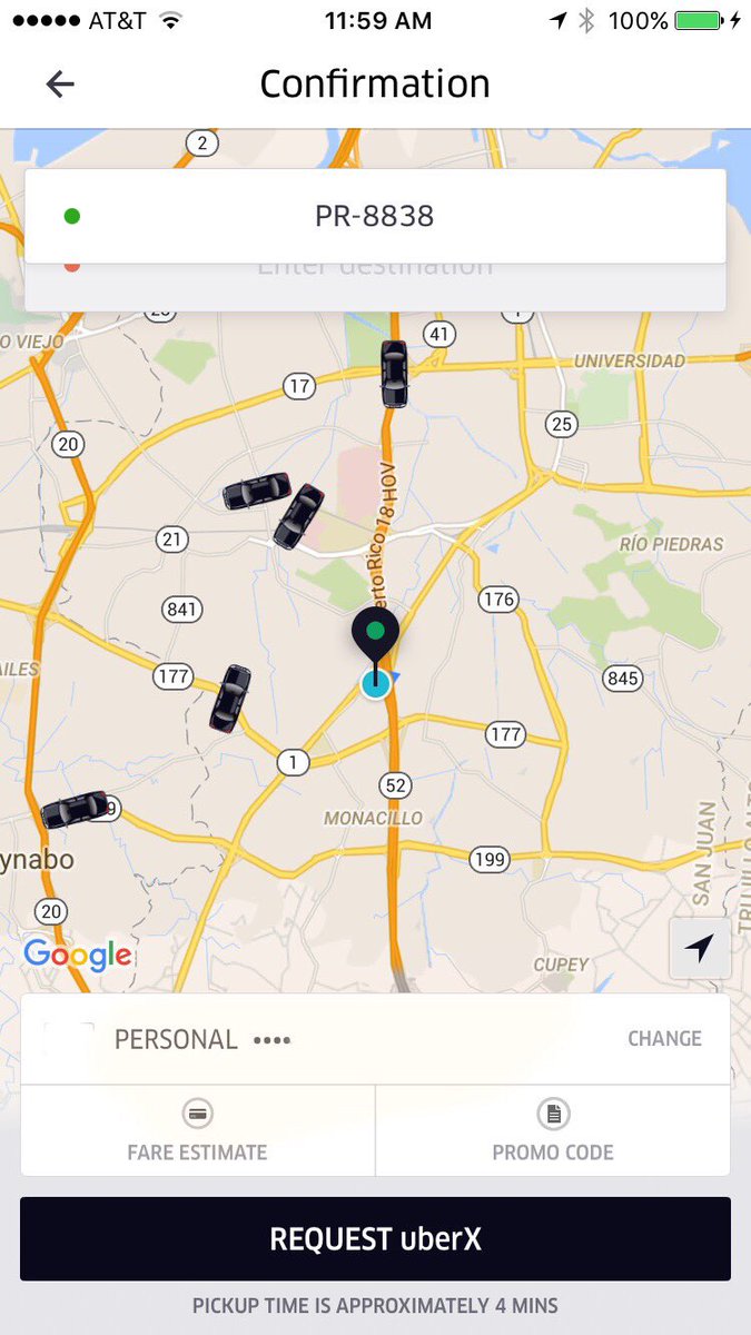luilloxiv's tweet photo. Según #UberPR hay 5 carros disponibles y tiempo de espera para que me vengan a recoger es de 4 minutos. #WelcomeUber https://t.co/NwiKyxc5Gd