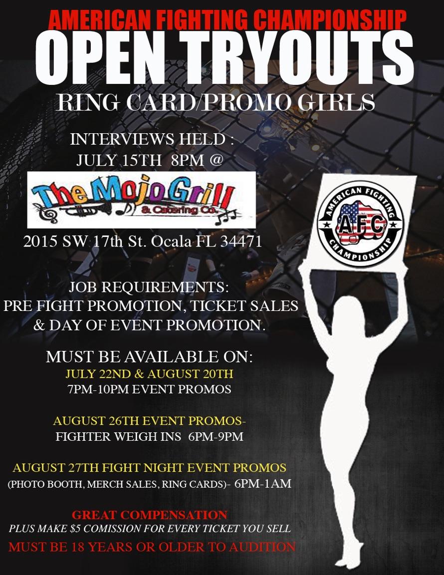 Open Tryouts this Friday for Ring Girls, the location has been changed to #Mojos on 17th St in #Ocala #MMA #UFC #USA