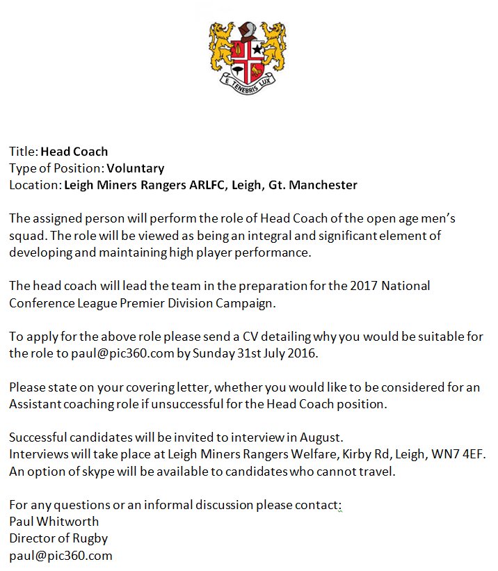 Leigh Miners Rangers is now inviting applications for the position of Head Coach for the 2017 Season -