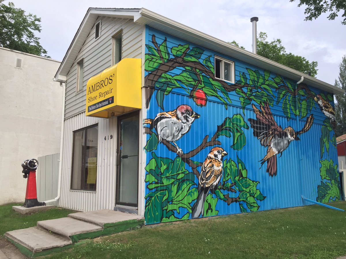 Thanks #caswellhill for the great doorstep chats yesterday. Went past the new mural on Ambros' too! #publicart #yxe