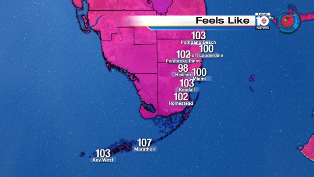 Hot start to the week! "Feels Like" temperatures at or above 100° all across #SOFLO More heat & humidity tomorrow https://t.co/JIqp7nzXTG