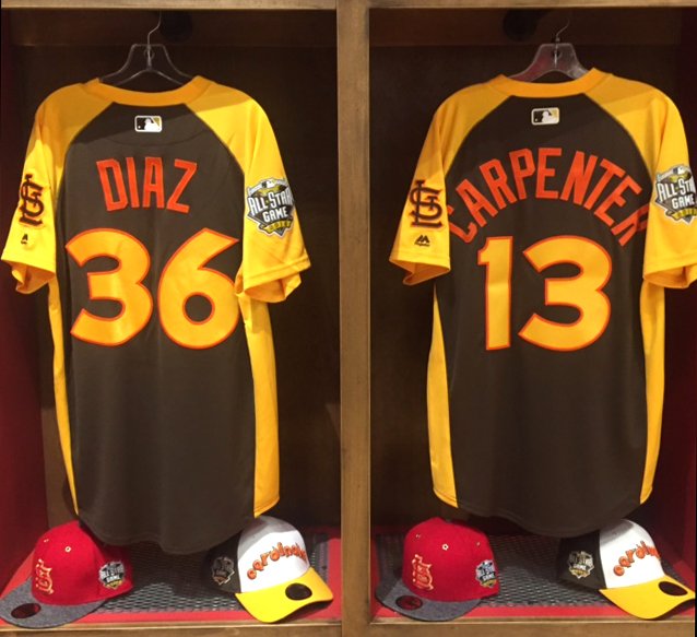 Cardinals's tweet image. Official MLB All-Star merchandise ft. Aledmys Diaz &amp;amp; Matt Carpenter on sale now at the #STLCards team store.