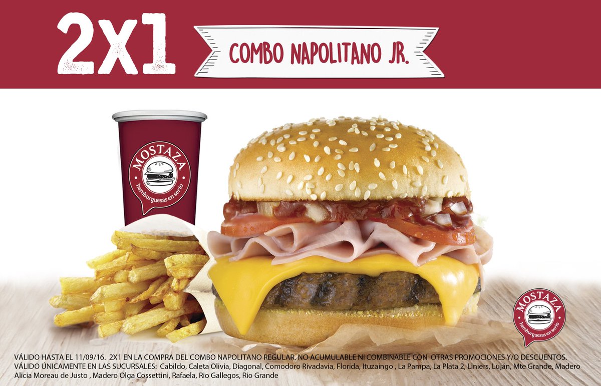 Disfrutá de este beneficio!Presentá este cupón en los locales adheridos y obtené un 2x1 en el Combo Napolitano Jr 🍔🍟