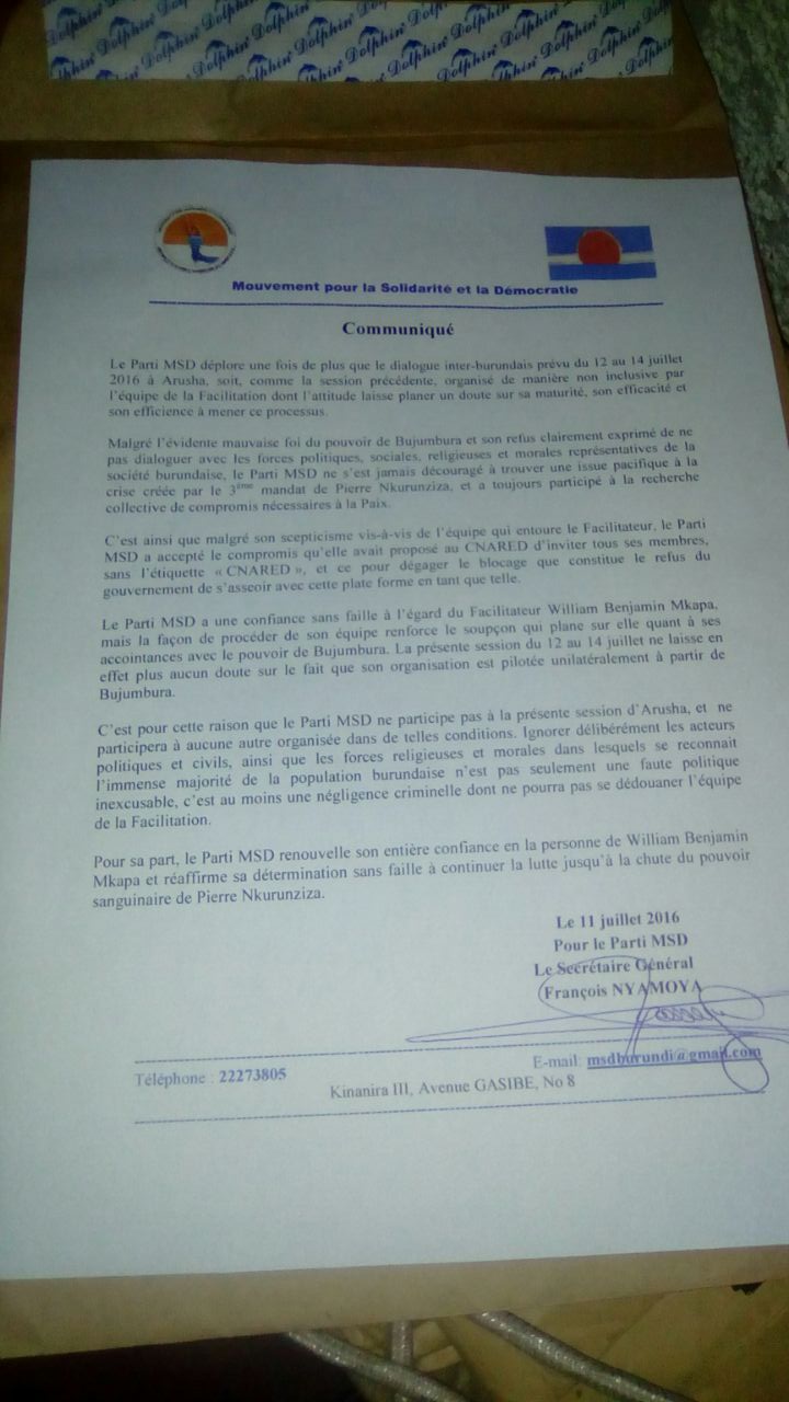 Blaise Baconib Nijimbere On Twitter Msd Annonce Won T Participate In Burundidialogue Why Wmkapa Ve Not Invited Msd Jumuiya Au Chergui Mactembele