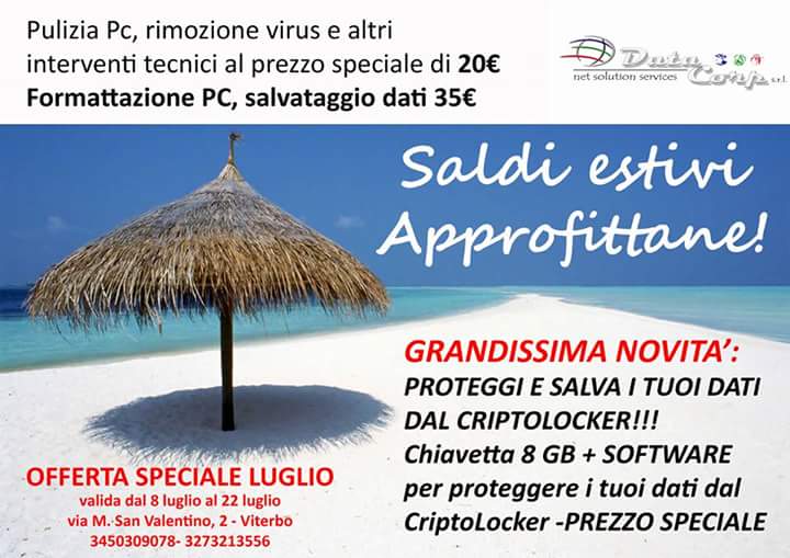 DatacorpIT's tweet photo. Offerta Speciale Luglio dal 8 al 22
Pulizia pc e rimozione virus a 20€
Formattazione pc e salvataggio dati a 35€ https://t.co/YfDwWWCG2e