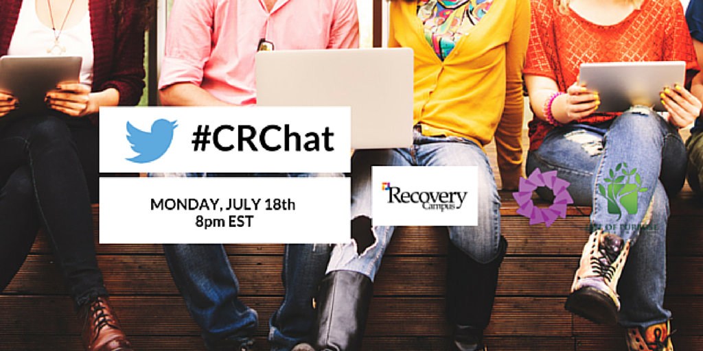Save the date for #CRChat July 18! #CollegiateRecovery <a href="/RecoverUTSA/">CCR UTSA</a> <a href="/UM_CRC/">UM CRC</a> <a href="/UNTrecovery/">CRP at UNT</a> @KSU_CRC <a href="/UofMRECOVERY/">CRP@UMICH</a>