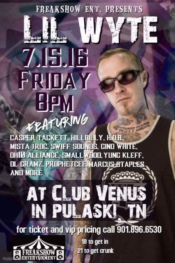 hobbreezy's tweet photo. 2 shows this week, Lil Wyte in Pulaski on the 15th and Jellyroll and Struggle the 17th in Tullahoma #HOB #WeOutHere https://t.co/duTkOsb2Do