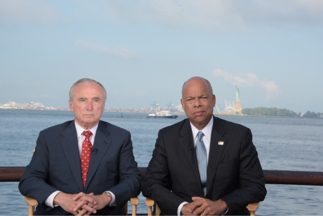 DHSgov's tweet photo. “Violence is never the answer and an eye for eye leaves everybody blind.”  - Secretary Johnson w/  @CommissBratton https://t.co/1aMRHMRDwy